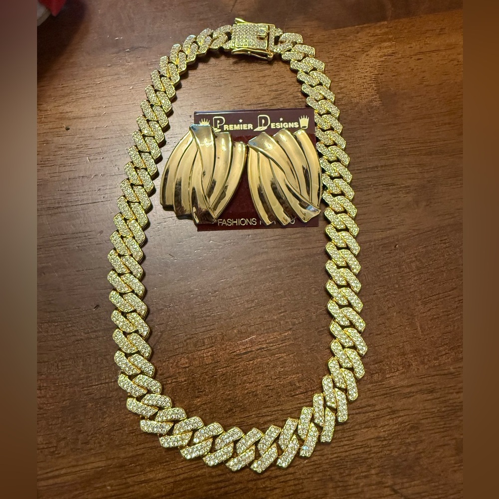 Premier Designs Earrings and Gold rhinestone Statement Necklace